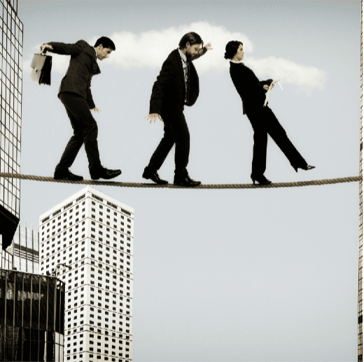 mission A group of professionals walking cautiously on a tightrope stretched between tall buildings, representing the balance and risks associated with entrepreneurship.